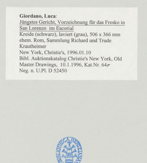 Rückseite von Bibliotheca Hertziana [https://www.deutsche-digitale-bibliothek.de/content/lizenzen/rv-fz/] Jüngstes Gericht, Vorzeichnung für das Fresko in San Lorenzo im Escorial - , bh498974_recto. Foto.