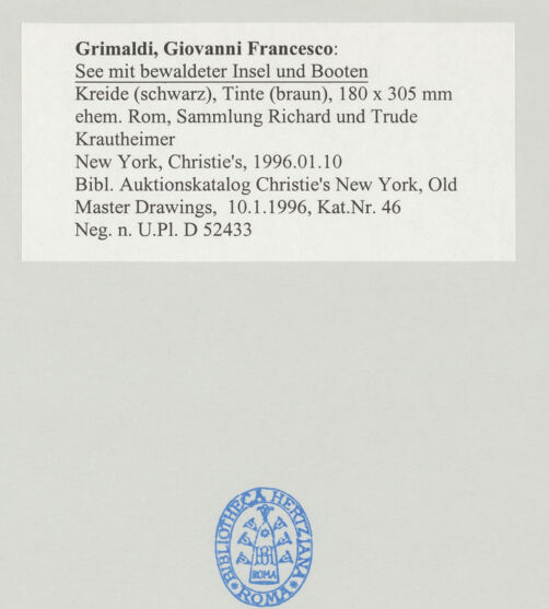 Rückseite von Bibliotheca Hertziana [https://www.deutsche-digitale-bibliothek.de/content/lizenzen/rv-fz/] See mit bewaldeter Insel und Booten - , bh498985_recto. Foto.