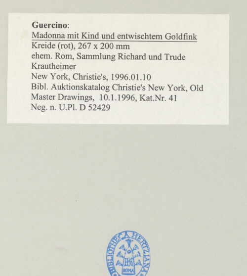 Rückseite von Bibliotheca Hertziana [https://www.deutsche-digitale-bibliothek.de/content/lizenzen/rv-fz/] Madonna mit Kind und entflogenem Goldfink - , bh498992_recto. Foto.