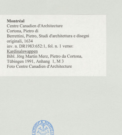 Rückseite von Centre Canadien d'Architecture [https://www.deutsche-digitale-bibliothek.de/content/lizenzen/rv-ez/] Berrettini, Pietro, studi d'architettura e disegni originaliKardinalswappen - , bh500577_recto. Foto.