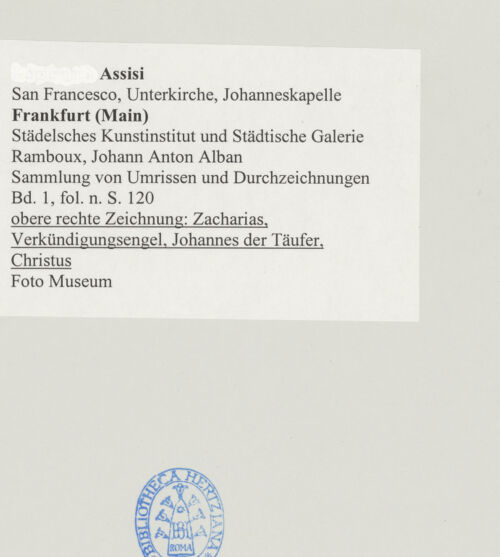 Rückseite von Städelsches Kunstinstitut und Städtische Galerie [https://www.deutsche-digitale-bibliothek.de/content/lizenzen/rv-ez/] Sammlung von Umrissen und Durchzeichnungen, dienend zur Geschichte der bildenden Künste des Mittelalters in Italien, gezeichnet von J.A. Ramboux aus Trier in den Jahren 1818 bis 1822 und den Jahren 1833 bis 1843Seiteobere rechte Zeichnung: Zacharias, Verkündigungsengel, Johannes der Täufer, Christus - , bh501324_recto. Foto.