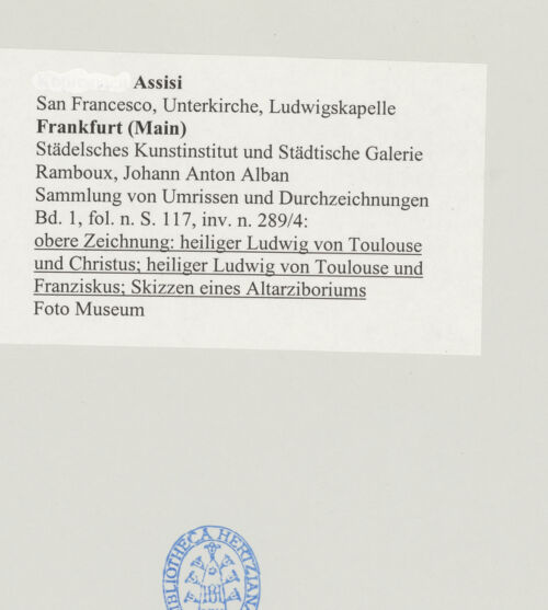 Rückseite von Städelsches Kunstinstitut und Städtische Galerie [https://www.deutsche-digitale-bibliothek.de/content/lizenzen/rv-ez/] Sammlung von Umrissen und Durchzeichnungen, dienend zur Geschichte der bildenden Künste des Mittelalters in Italien, gezeichnet von J.A. Ramboux aus Trier in den Jahren 1818 bis 1822 und den Jahren 1833 bis 1843Seiteobere Zeichnung: heiliger Ludwig von Toulouse und Christus; heiliger Ludwig von Toulouse und Franziskus; Skizzen eines Altarziboriums - , bh501332_recto. Foto.