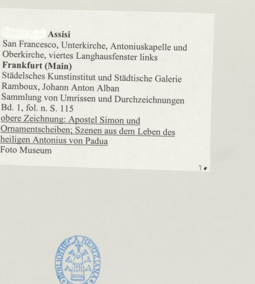 Rückseite von Städelsches Kunstinstitut und Städtische Galerie [https://www.deutsche-digitale-bibliothek.de/content/lizenzen/rv-ez/] Sammlung von Umrissen und Durchzeichnungen, dienend zur Geschichte der bildenden Künste des Mittelalters in Italien, gezeichnet von J.A. Ramboux aus Trier in den Jahren 1818 bis 1822 und den Jahren 1833 bis 1843Seiteobere Zeichnung: Apostel Simon und Ornamentscheiben; Szenen aus dem Leben des heiligen Antonius von Padua - , bh501341_recto. Foto.