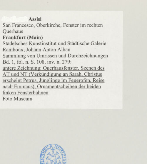 Rückseite von Städelsches Kunstinstitut und Städtische Galerie [https://www.deutsche-digitale-bibliothek.de/content/lizenzen/rv-ez/] Sammlung von Umrissen und Durchzeichnungen, dienend zur Geschichte der bildenden Künste des Mittelalters in Italien, gezeichnet von J.A. Ramboux aus Trier in den Jahren 1818 bis 1822 und den Jahren 1833 bis 1843Seiteuntere Zeichnung: Querhausfenster, Szenen des AT und NT (Verkündigung an Sarah, Christus erscheint Petrus, Jünglinge im Feuerofen, Reise nach Emmaus), Ornamentscheiben der beiden linken Fensterbahnen - , bh501342_recto. Foto.
