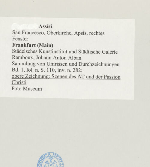 Rückseite von Städelsches Kunstinstitut und Städtische Galerie [https://www.deutsche-digitale-bibliothek.de/content/lizenzen/rv-ez/] Sammlung von Umrissen und Durchzeichnungen, dienend zur Geschichte der bildenden Künste des Mittelalters in Italien, gezeichnet von J.A. Ramboux aus Trier in den Jahren 1818 bis 1822 und den Jahren 1833 bis 1843Seiteobere Zeichnung: Szenen des AT und der Passion Christi - , bh501344_recto. Foto.