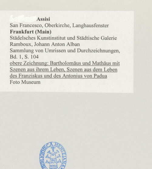 Rückseite von Städelsches Kunstinstitut und Städtische Galerie [https://www.deutsche-digitale-bibliothek.de/content/lizenzen/rv-ez/] Sammlung von Umrissen und Durchzeichnungen, dienend zur Geschichte der bildenden Künste des Mittelalters in Italien, gezeichnet von J.A. Ramboux aus Trier in den Jahren 1818 bis 1822 und den Jahren 1833 bis 1843Seiteobere Zeichnung: Bartholomäus und Matthäus mit Szenen aus ihrem Leben, Szenen aus dem Leben des Franziskus und des Antonius von Padua - , bh501355_recto. Foto.