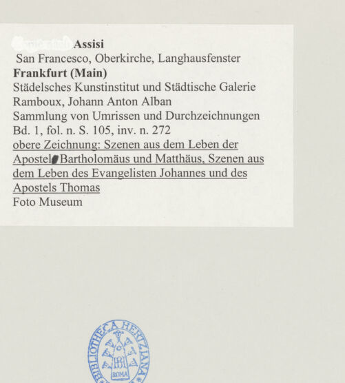 Rückseite von Städelsches Kunstinstitut und Städtische Galerie [https://www.deutsche-digitale-bibliothek.de/content/lizenzen/rv-ez/] Sammlung von Umrissen und Durchzeichnungen, dienend zur Geschichte der bildenden Künste des Mittelalters in Italien, gezeichnet von J.A. Ramboux aus Trier in den Jahren 1818 bis 1822 und den Jahren 1833 bis 1843Seiteobere Zeichnung: Szenen aus dem Leben der Apostel Bartholomäus und Matthäus, Szenen aus dem Leben des Evangelisten Johannes und des Apostels Thomas - , bh501357_recto. Foto.