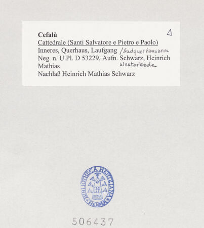 Rückseite von Bibliotheca Hertziana [https://www.deutsche-digitale-bibliothek.de/content/lizenzen/rv-fz/] CattedraleVierung und Querhaus - Südquerhaus, Laufgang, Westarkade, bh506437_recto. Foto: Schwarz, Heinrich Mathias.