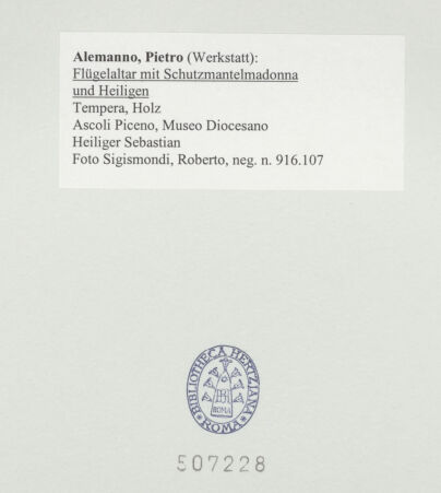 Rückseite von Sigismondi, Roberto [https://www.deutsche-digitale-bibliothek.de/content/lizenzen/rv-fz/] Flügelaltar mit Schutzmantelmadonna und Heiligen - Heiliger Sebastian, bh507228_recto. Foto: Sigismondi, Roberto.