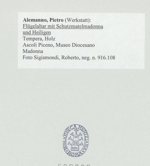 Rückseite von Sigismondi, Roberto [https://www.deutsche-digitale-bibliothek.de/content/lizenzen/rv-fz/] Flügelaltar mit Schutzmantelmadonna und Heiligen - Madonna, bh507229_recto. Foto: Sigismondi, Roberto.