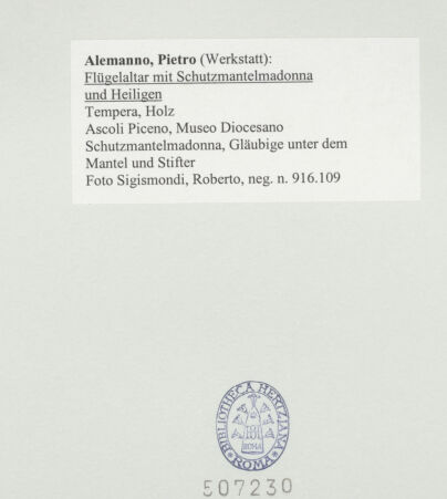 Rückseite von Sigismondi, Roberto [https://www.deutsche-digitale-bibliothek.de/content/lizenzen/rv-fz/] Flügelaltar mit Schutzmantelmadonna und Heiligen - Schutzmantelmadonna, Gläubige unter dem Mantel und Stifter, bh507230_recto. Foto: Sigismondi, Roberto.