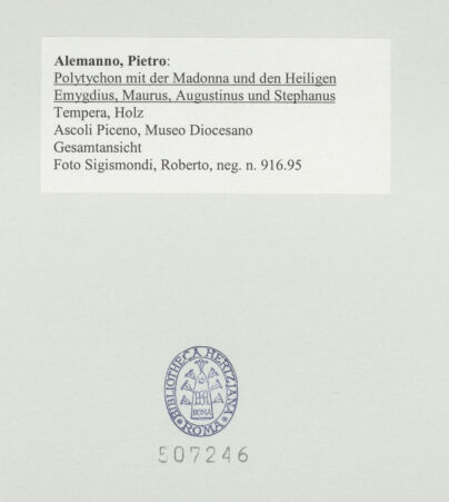 Rückseite von Sigismondi, Roberto [https://www.deutsche-digitale-bibliothek.de/content/lizenzen/rv-fz/] Polyptychon mit der Madonna und den Heiligen Emygdius, Maurus, Augustinus und Stephanus - Gesamtansicht, bh507246_recto. Foto: Sigismondi, Roberto.