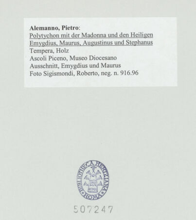 Rückseite von Sigismondi, Roberto [https://www.deutsche-digitale-bibliothek.de/content/lizenzen/rv-fz/] Polyptychon mit der Madonna und den Heiligen Emygdius, Maurus, Augustinus und Stephanus - Ausschnitt, Emygdius und Maurus, bh507247_recto. Foto: Sigismondi, Roberto.