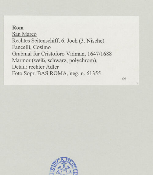 Rückseite von Sopr. BAS ROMA [https://www.deutsche-digitale-bibliothek.de/content/lizenzen/rv-ez/] Grabmal für Cristoforo Vidman - Detail: rechter Adler, bh507796_recto. Foto.
