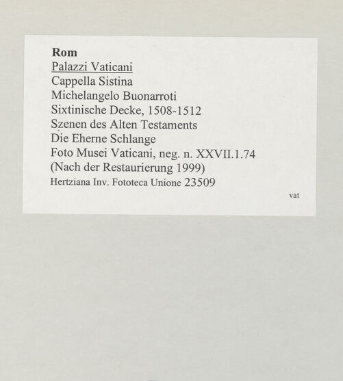 Rückseite von Musei Vaticani [https://www.deutsche-digitale-bibliothek.de/content/lizenzen/rv-ez/] Die Sixtinische DeckeSzenen des Alten TestamentsDie Eherne Schlange - , bh508753_recto. Foto.