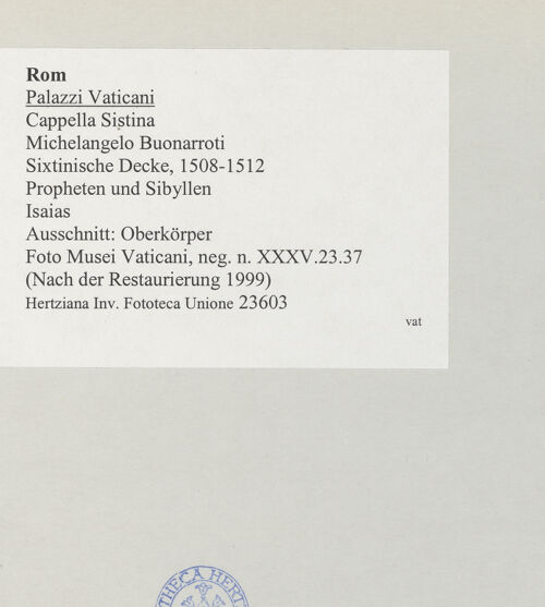 Rückseite von Musei Vaticani [https://www.deutsche-digitale-bibliothek.de/content/lizenzen/rv-ez/] Die Sixtinische DeckePropheten und SibyllenJesaias - Ausschnitt: Oberkörper, bh508805_recto. Foto.