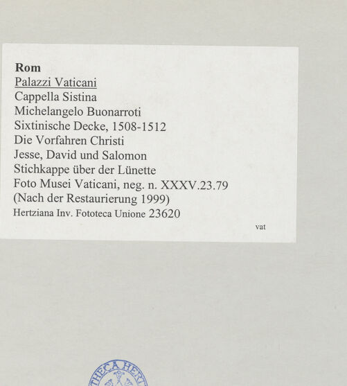 Rückseite von Musei Vaticani [https://www.deutsche-digitale-bibliothek.de/content/lizenzen/rv-ez/] Die Sixtinische DeckeDie Vorfahren ChristiJesse, David und Salomon - Stichkappe über der Lünette, bh508858_recto. Foto.