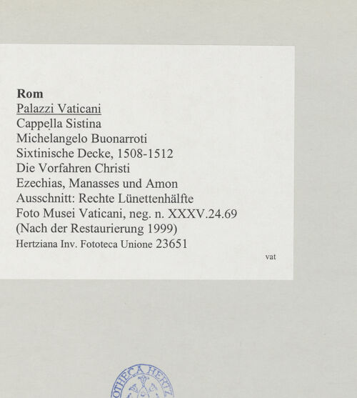 Rückseite von Musei Vaticani [https://www.deutsche-digitale-bibliothek.de/content/lizenzen/rv-ez/] Die Sixtinische DeckeDie Vorfahren ChristiEzechias, Manasses und Amon - Ausschnitt: Rechte Lünettenhälfte, bh508866_recto. Foto.