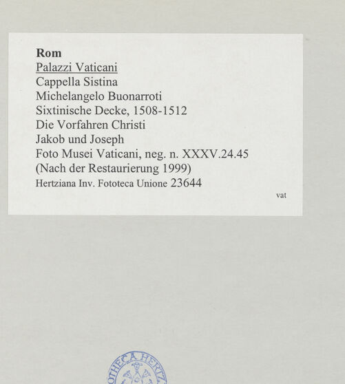 Rückseite von Musei Vaticani [https://www.deutsche-digitale-bibliothek.de/content/lizenzen/rv-ez/] Die Sixtinische DeckeDie Vorfahren ChristiJakob und Joseph - , bh508876_recto. Foto.