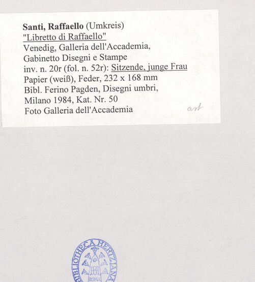 Rückseite von Galleria dell'Accademia [https://www.deutsche-digitale-bibliothek.de/content/lizenzen/rv-ez/] "Libretto di Raffaello"Sitzende, junge Frau - , bh508999_recto. Foto.