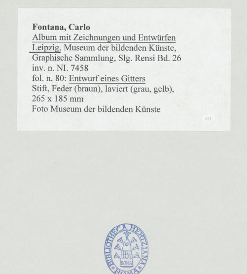 Rückseite von Museum der bildenden Künste Leipzig [https://www.deutsche-digitale-bibliothek.de/content/lizenzen/rv-ez/] Album mit Zeichnungen und EntwürfenEntwurf eines Gitters - , bh510025_recto. Foto.