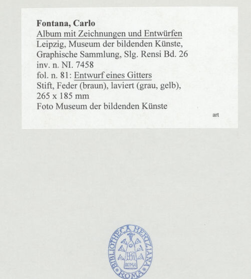 Rückseite von Museum der bildenden Künste Leipzig [https://www.deutsche-digitale-bibliothek.de/content/lizenzen/rv-ez/] Album mit Zeichnungen und EntwürfenEntwurf eines Gitters - , bh510026_recto. Foto.