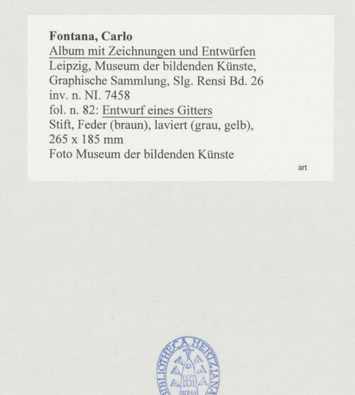 Rückseite von Museum der bildenden Künste Leipzig [https://www.deutsche-digitale-bibliothek.de/content/lizenzen/rv-ez/] Album mit Zeichnungen und EntwürfenEntwurf eines Gitters - , bh510027_recto. Foto.