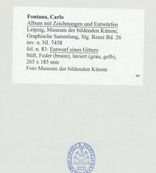 Rückseite von Museum der bildenden Künste Leipzig [https://www.deutsche-digitale-bibliothek.de/content/lizenzen/rv-ez/] Album mit Zeichnungen und EntwürfenEntwurf eines Gitters - , bh510028_recto. Foto.