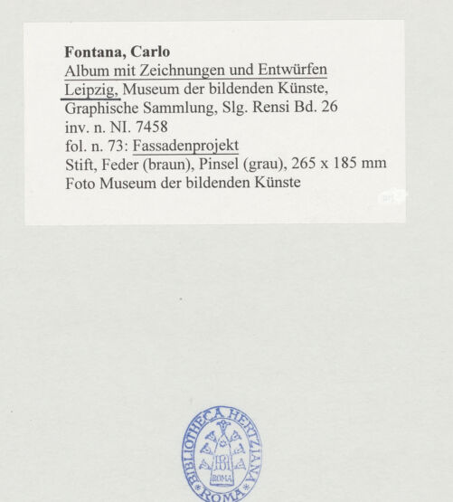 Rückseite von Museum der bildenden Künste Leipzig [https://www.deutsche-digitale-bibliothek.de/content/lizenzen/rv-ez/] Album mit Zeichnungen und EntwürfenFassadenprojekt für Santa Maria in Trastevere - , bh510031_recto. Foto.