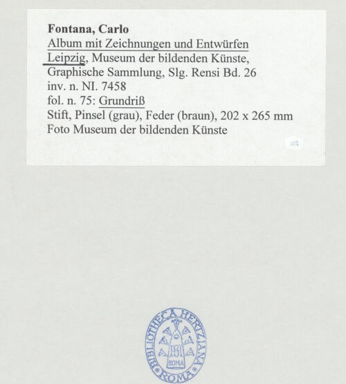 Rückseite von Museum der bildenden Künste Leipzig [https://www.deutsche-digitale-bibliothek.de/content/lizenzen/rv-ez/] Album mit Zeichnungen und EntwürfenFassadenprojekt für Santa Maria in Trastevere, Zeichnung - , bh510033_recto. Foto.