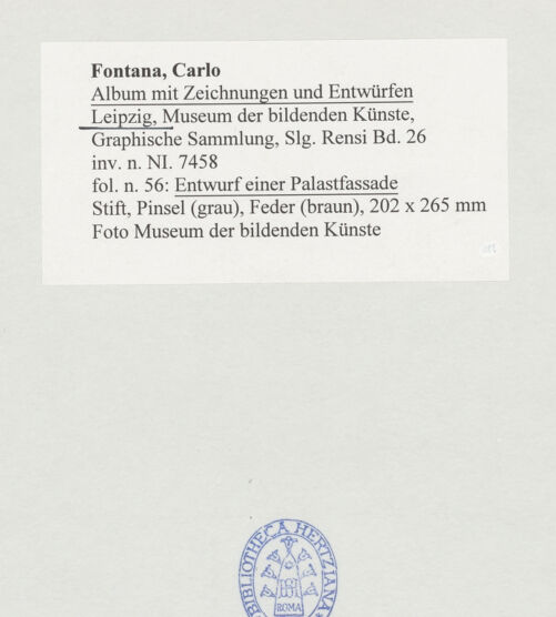 Rückseite von Museum der bildenden Künste Leipzig [https://www.deutsche-digitale-bibliothek.de/content/lizenzen/rv-ez/] Album mit Zeichnungen und EntwürfenEntwurf einer Palastfassade - , bh510034_recto. Foto.