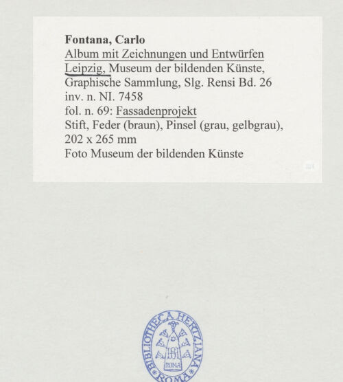 Rückseite von Museum der bildenden Künste Leipzig [https://www.deutsche-digitale-bibliothek.de/content/lizenzen/rv-ez/] Album mit Zeichnungen und EntwürfenFassadenprojekt für Santa Maria in Trastevere - , bh510037_recto. Foto.