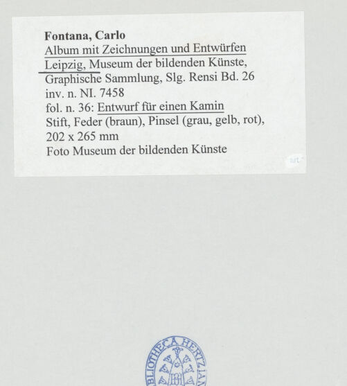 Rückseite von Museum der bildenden Künste Leipzig [https://www.deutsche-digitale-bibliothek.de/content/lizenzen/rv-ez/] Album mit Zeichnungen und EntwürfenEntwurf für einen Kamin - , bh510047_recto. Foto.