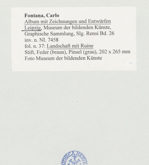 Rückseite von Museum der bildenden Künste Leipzig [https://www.deutsche-digitale-bibliothek.de/content/lizenzen/rv-ez/] Album mit Zeichnungen und EntwürfenLandschaft mit Ruine - , bh510048_recto. Foto.