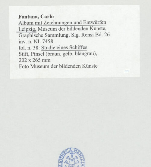 Rückseite von Museum der bildenden Künste Leipzig [https://www.deutsche-digitale-bibliothek.de/content/lizenzen/rv-ez/] Album mit Zeichnungen und EntwürfenStudie eines Schiffes - , bh510049_recto. Foto.