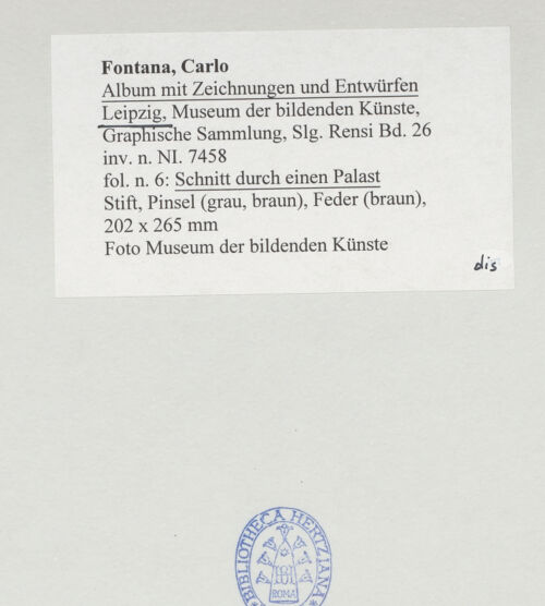 Rückseite von Museum der bildenden Künste Leipzig [https://www.deutsche-digitale-bibliothek.de/content/lizenzen/rv-ez/] Album mit Zeichnungen und EntwürfenSchnitt durch einen Palast - , bh510056_recto. Foto.