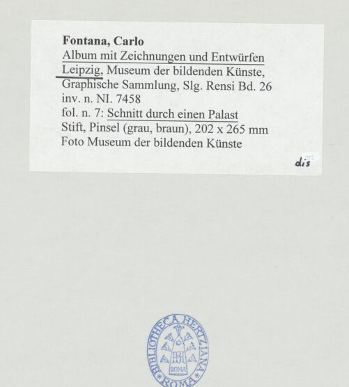 Rückseite von Museum der bildenden Künste Leipzig [https://www.deutsche-digitale-bibliothek.de/content/lizenzen/rv-ez/] Album mit Zeichnungen und EntwürfenSchnitt durch einen Palast - , bh510057_recto. Foto.