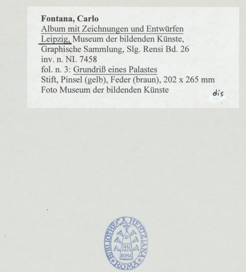 Rückseite von Museum der bildenden Künste Leipzig [https://www.deutsche-digitale-bibliothek.de/content/lizenzen/rv-ez/] Album mit Zeichnungen und EntwürfenGrundriss eines Palastes - , bh510066_recto. Foto.