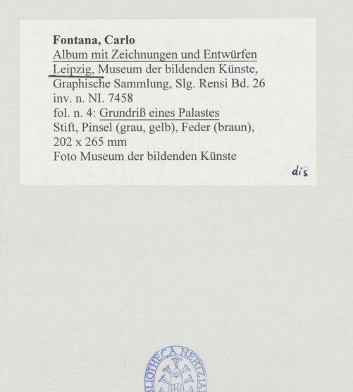 Rückseite von Museum der bildenden Künste Leipzig [https://www.deutsche-digitale-bibliothek.de/content/lizenzen/rv-ez/] Album mit Zeichnungen und EntwürfenGrundriss eines Palastes - , bh510067_recto. Foto.