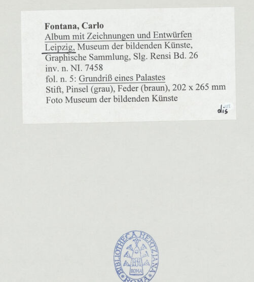 Rückseite von Museum der bildenden Künste Leipzig [https://www.deutsche-digitale-bibliothek.de/content/lizenzen/rv-ez/] Album mit Zeichnungen und EntwürfenGrundriss eines Palastes - , bh510068_recto. Foto.