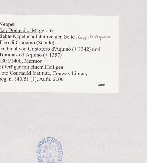 Rückseite von Courtauld Institute of Art [https://www.deutsche-digitale-bibliothek.de/content/lizenzen/rv-ez/] Grabmal für Cristoforo d'Aquino (gest. 1342) und Tommaso d'Aquino (gest. 1357) - Johannes der Täufer mit Stifterfigur, bh510097_recto. Foto.