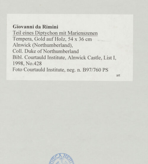 Rückseite von Courtauld Institute [https://www.deutsche-digitale-bibliothek.de/content/lizenzen/rv-ez/] Teil eines Diptychons (Himmelfahrt des Evangelisten Johannes; Marias Krönung; der Disput der heiligen Katharina mit fünfzig Philosophen; die Stigmatisation des heiligen Franziskus; Johannes der Täufer) - Gesamtansicht, bh510680_recto. Foto.