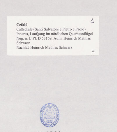 Rückseite von Bibliotheca Hertziana [https://www.deutsche-digitale-bibliothek.de/content/lizenzen/rv-fz/] CattedraleVierung und Querhaus - Inneres, Laufgang im Nordquerhaus, bh511381_recto. Foto: Schwarz, Heinrich Mathias.