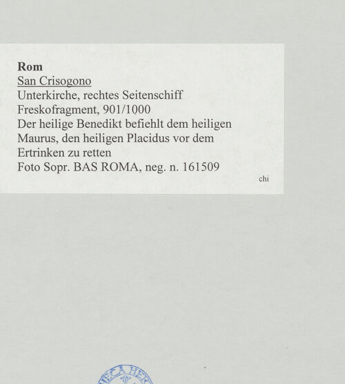 Rückseite von Sopr. BAS ROMA [https://www.deutsche-digitale-bibliothek.de/content/lizenzen/rv-ez/] FreskofragmentDer heilige Benedikt befiehlt dem heiligen Maurus, den heiligen Placidus vor dem Ertrinken zu retten - , bh511548_recto. Foto.