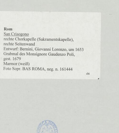 Rückseite von Sopr. BAS ROMA [https://www.deutsche-digitale-bibliothek.de/content/lizenzen/rv-ez/] Grabmal des Monsignore Gaudenzo Poli, gest. 1679 - , bh511555_recto. Foto.