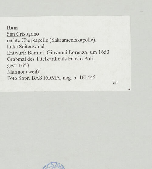 Rückseite von Sopr. BAS ROMA [https://www.deutsche-digitale-bibliothek.de/content/lizenzen/rv-ez/] Grabmal des Titelkardinals Fausto Poli, gest. 1653 - , bh511556_recto. Foto.