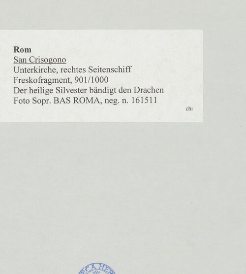 Rückseite von Sopr. BAS ROMA [https://www.deutsche-digitale-bibliothek.de/content/lizenzen/rv-ez/] FreskofragmentDer heilige Silvester bändigt den Drachen - , bh511557_recto. Foto.