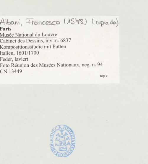 Rückseite von Réunion des Musées Nationaux [https://www.deutsche-digitale-bibliothek.de/content/lizenzen/rv-ez/] Sechs Putten in einer Schmiedewerkstatt - , bh511908_recto. Foto.