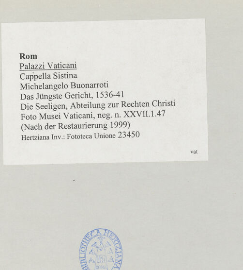 Rückseite von Musei Vaticani [https://www.deutsche-digitale-bibliothek.de/content/lizenzen/rv-ez/] Das Jüngste Gericht - Die Seligen, Abteilung zur Rechten Christi, bh512015_recto. Foto.