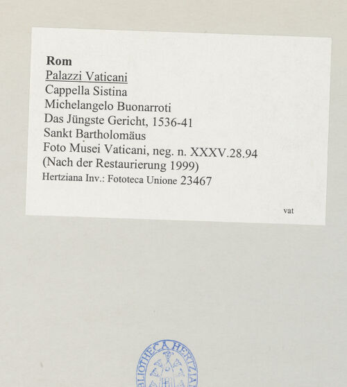 Rückseite von Musei Vaticani [https://www.deutsche-digitale-bibliothek.de/content/lizenzen/rv-ez/] Das Jüngste Gericht - Sankt Bartholomäus, bh512031_recto. Foto.